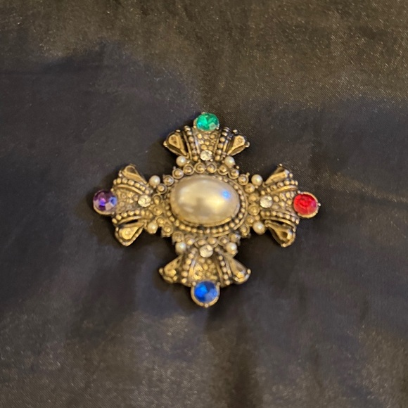 Pearl Cross Brooch with Multicolor Rhinestones, Baroque Statement Pin - Picture 3 of 5